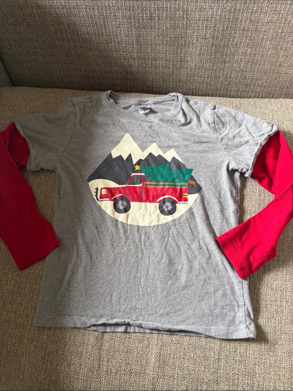 Boys Hanna Andersson Grey Tee with Red Sleeves and Mountain Truck Graphic (10)
